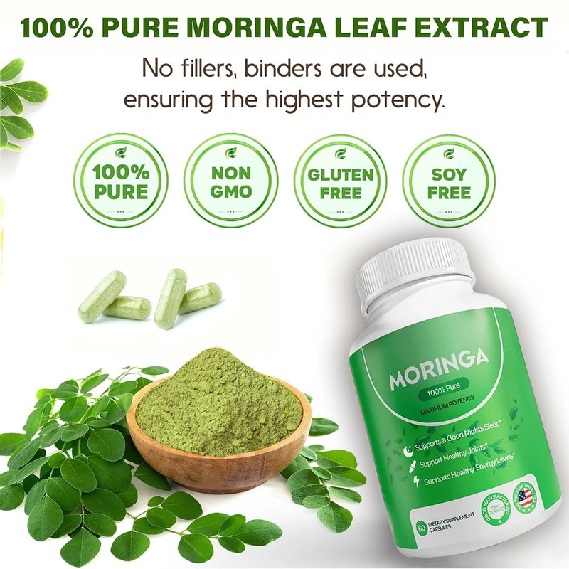 Moringa Capsules - Pure Moringa Powder, Energy, Skin, lmmune & Gut Health Superfood Supplement, Rich in Antioxidants 60 Capsules