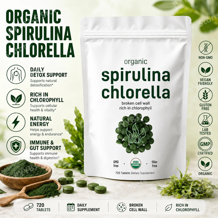 Organic Spirulina Chlorella Tablets 3000mg 720 Count Superfood Blend with Vegan Protein Energy Immunity Digestive Support