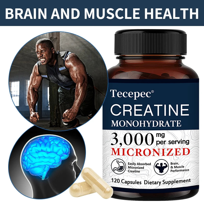 Creatine Monohydrate 3000mg Capsules for Athletes, Pre-Workout Focus &amp; Memory Support, Fast-Absorbing, Easy-to-Swallow