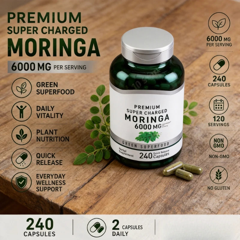 Premium Moringa 6000mg Green Superfood Daily Vitality Plant Nutrition Quick Release Capsules 240 Capsules