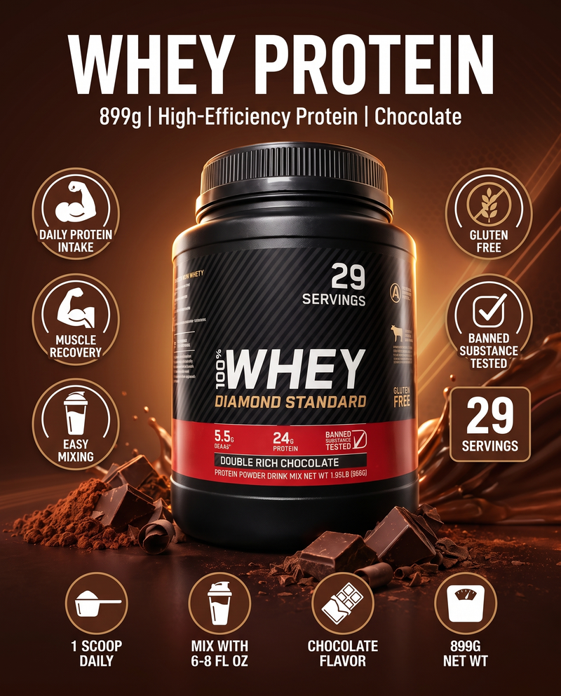 899g Whey Protein - hero and specs