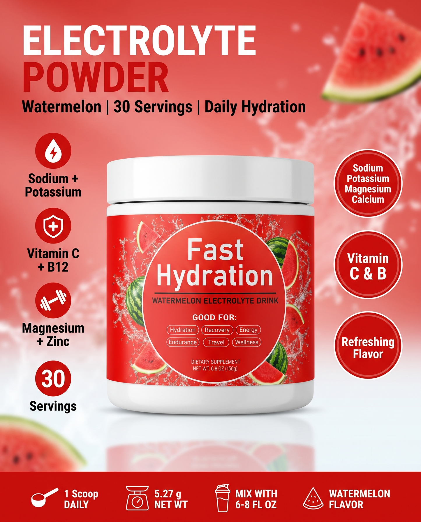 Watermelon Electrolyte Powder - hero and specs