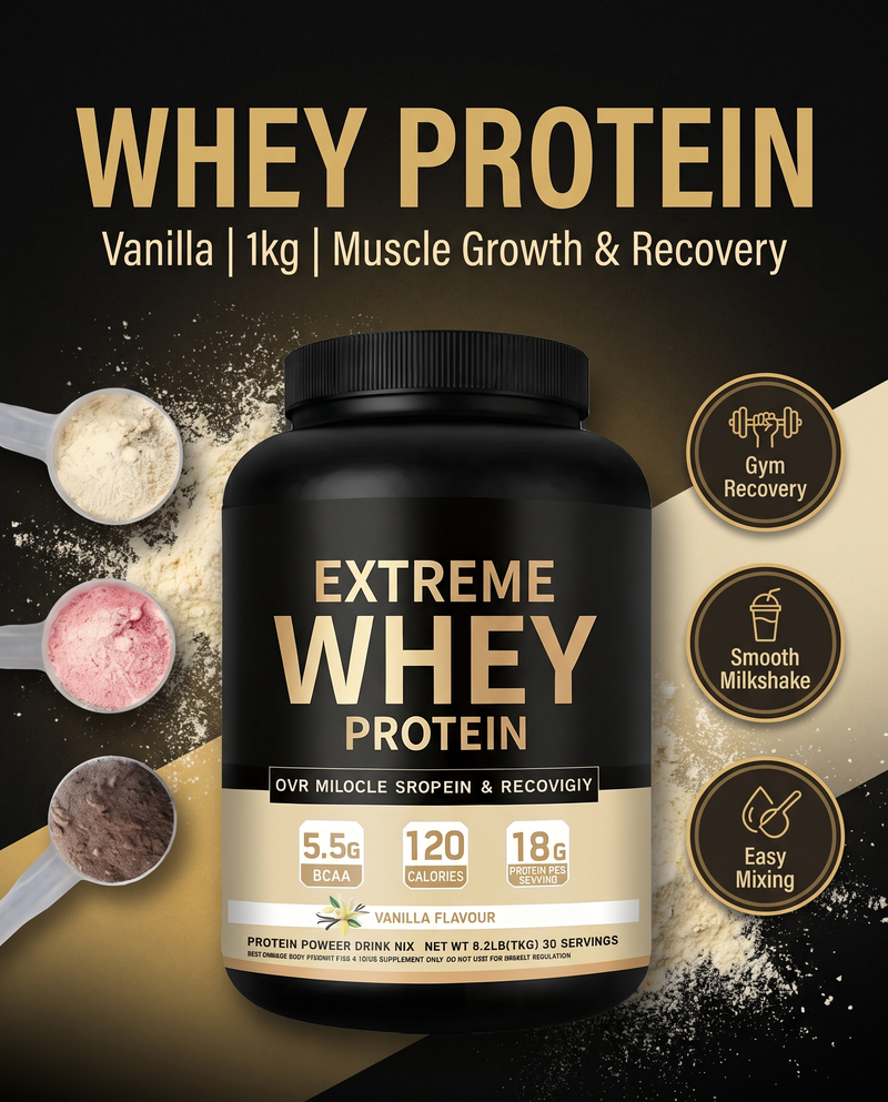 Vanilla whey protein powder for muscle growth and post-workout recovery
