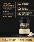Premium whey protein powder supplement with vanilla flavor