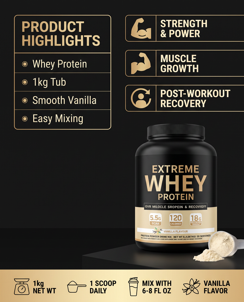 Premium whey protein powder supplement with vanilla flavor